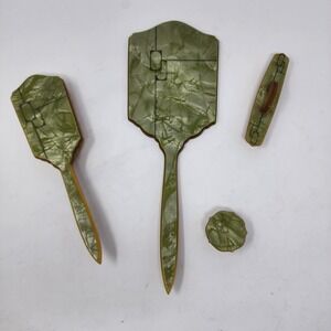 VTG Art Deco Marbleized Green Celluloid Vanity Set Mirror Brush Nail Buffer Box